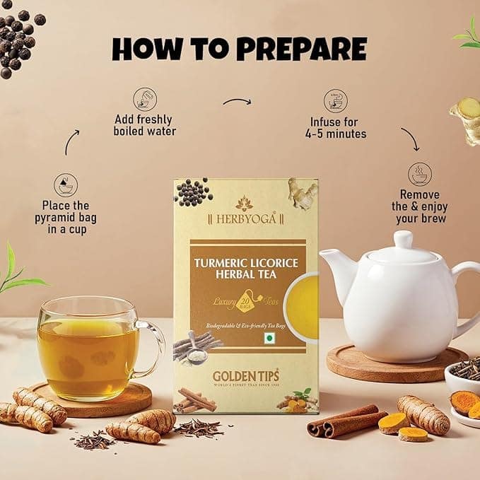 Golden Tips Turmeric Mulethi Herbal Tea, Soothing Caffeine-Free Tea with Ginger, Cinnamon & Black Pepper Nourishing Blend for Immunity, Digestion & Relaxation view 4