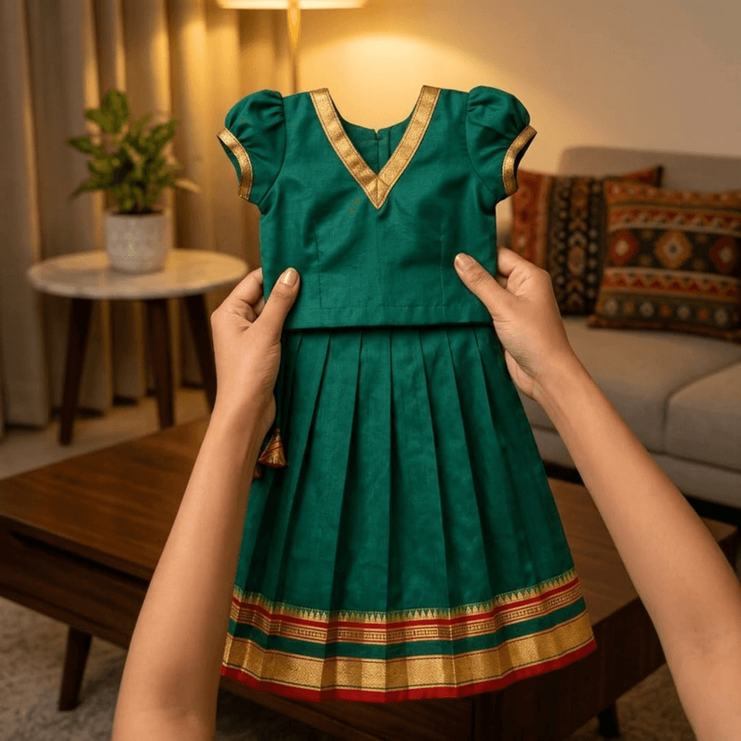 Mom and Me Girls’ Lehenga Choli/Parker Polka/Pattu Pavadai (0 Months–6 Years) | Acrylic Cotton with Soft Cotton Lining | V-Neck, Short Puff Sleeves, Zipper Closure (Morpankhi, 3-6 M) view 3