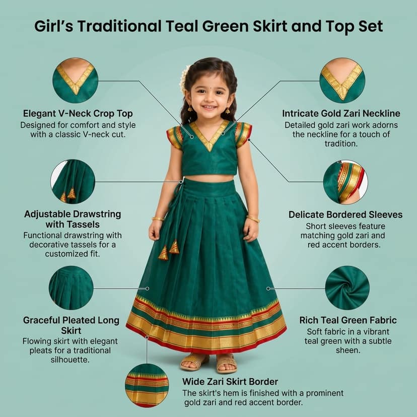 Mom and Me Girls’ Lehenga Choli/Parker Polka/Pattu Pavadai (0 Months–6 Years) | Acrylic Cotton with Soft Cotton Lining | V-Neck, Short Puff Sleeves, Zipper Closure (Morpankhi, 3-6 M) view 4