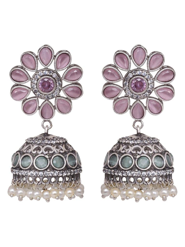 Oxidised Siver Pink Stone Studded Dome Jhumka Earrings view 3