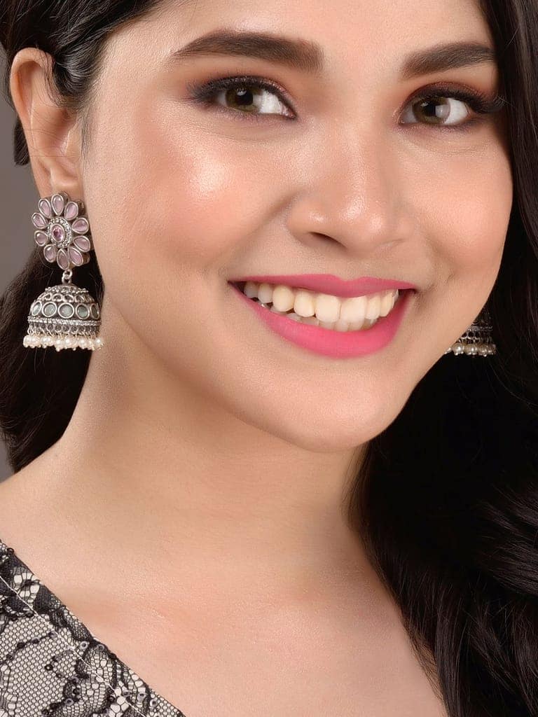 Oxidised Siver Pink Stone Studded Dome Jhumka Earrings view 6
