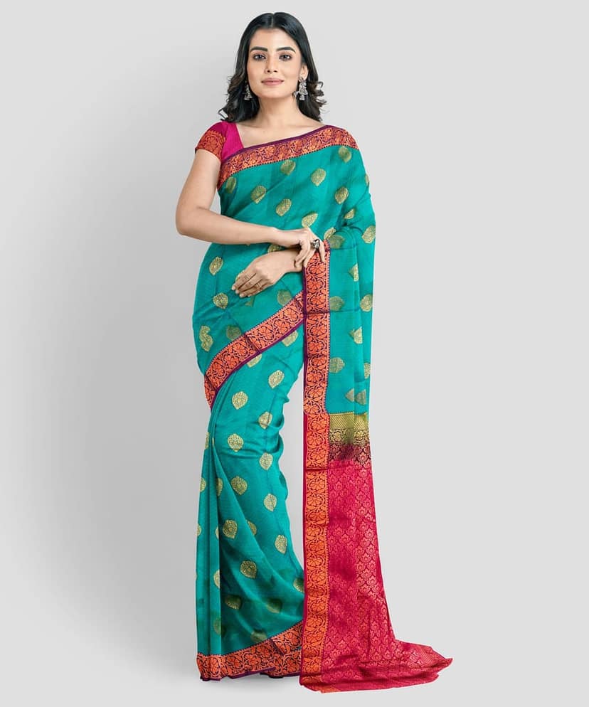 Blue Color Beautiful Thilagam Butta Design Saree with Unstitched Blouse view 2