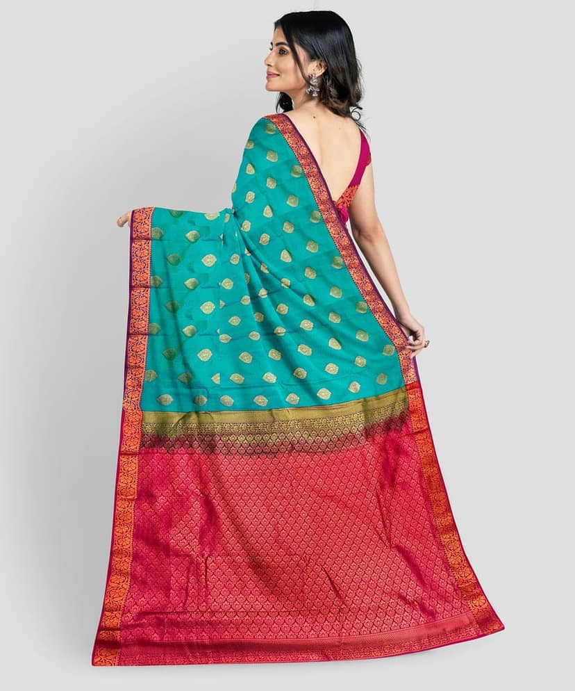 Blue Color Beautiful Thilagam Butta Design Saree with Unstitched Blouse view 3