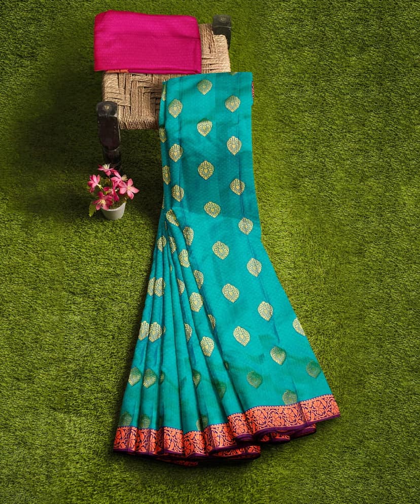 Blue Color Beautiful Thilagam Butta Design Saree with Unstitched Blouse view 5