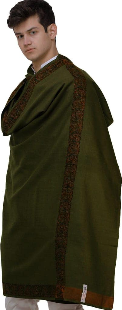 Military Olive Men's Shawl with Brown Woven Border view 3