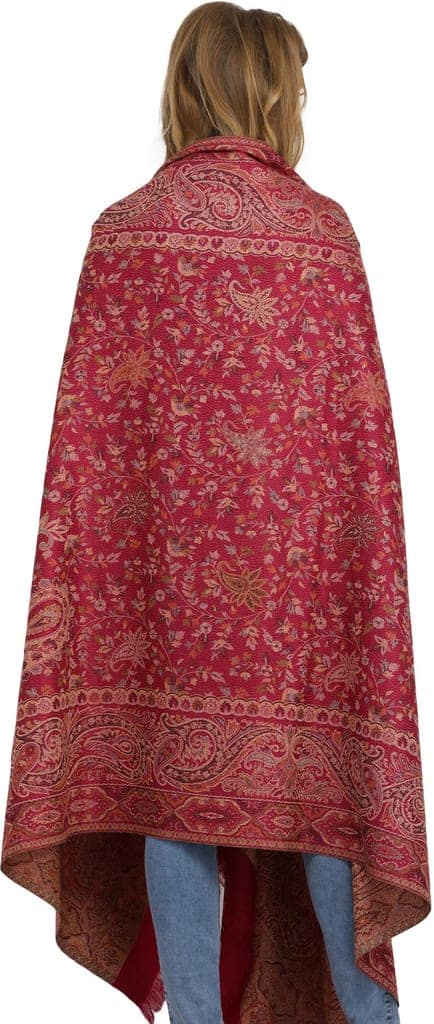 Fuchsia-Rose Reversible Jamawar Shawl with Woven Paisleys view 2