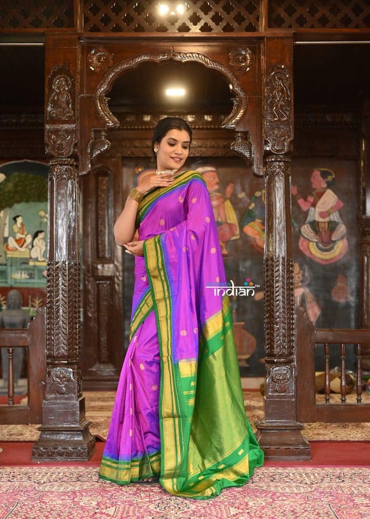 EXCLUSIVE! Handloom Ilkal Pure Silk with Silk Mark in Beautiful Contrast Pallu ~Purple and Green view 2