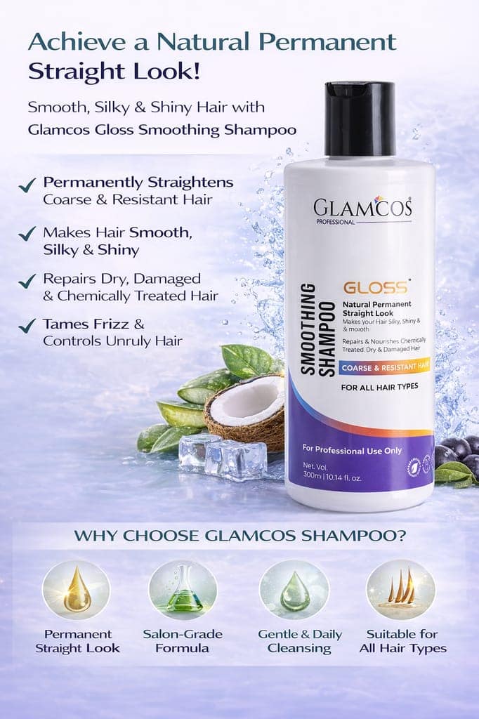 Glamcos Professional Gloss Smoothing Shampoo | Natural Permanent Straight Look | Smooth, Silky & Shiny Hair | Repairs Dry, Damaged & Chemically Treated Hair | For All Hair Types – 300ml view 4