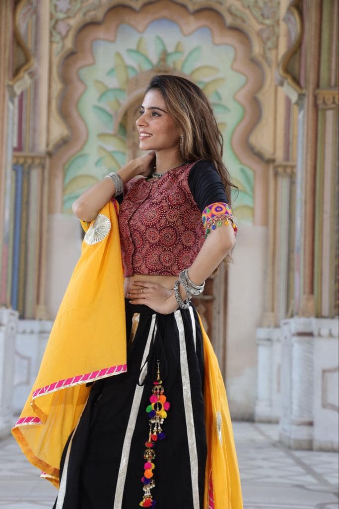 Handblock Printed Gota Patti Lehanga Choli with Mulmul Dupatta (Size: 38-46) Black & Red Color-8180 view 2