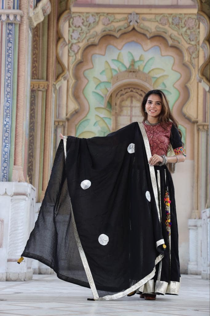 Handblock Printed Gota Patti Lehanga Choli with Mulmul Dupatta (Size: 38-46) Black & Red Color-6265 view 2
