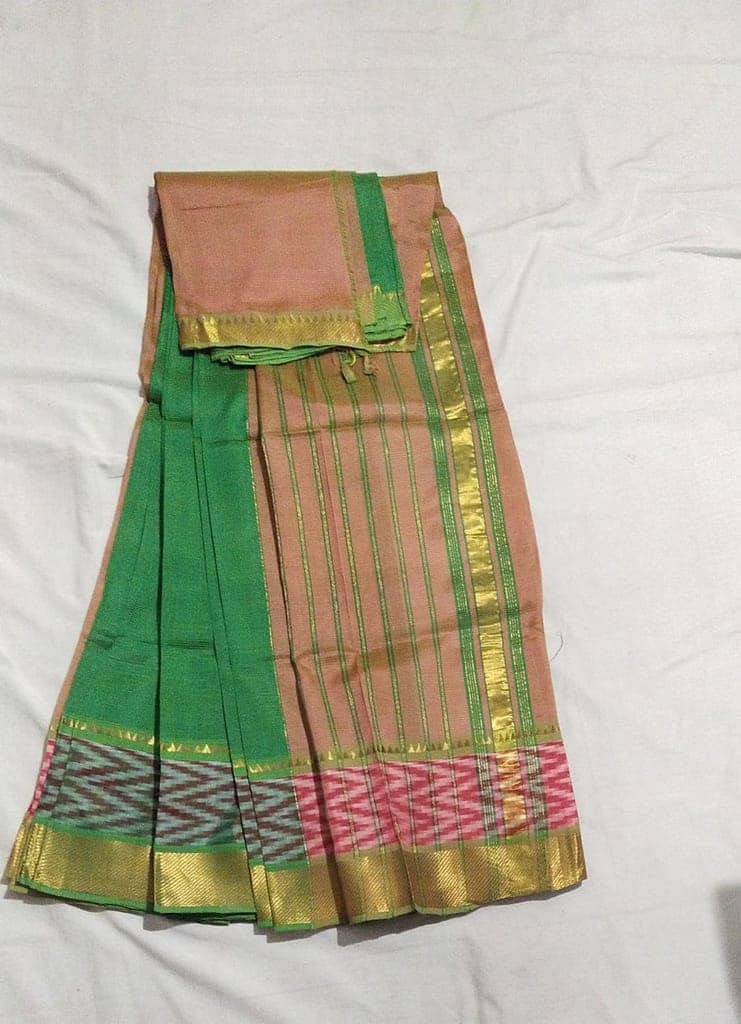 Green and Peach Striped Cotton Saree With Blouse Piece view 2