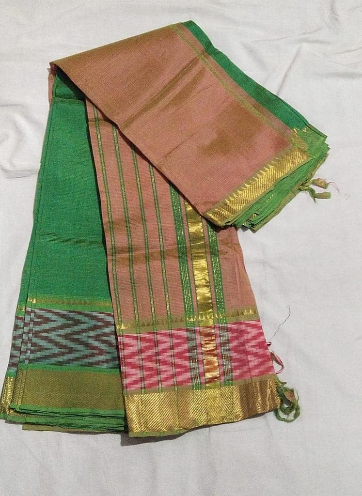 Green and Peach Striped Cotton Saree With Blouse Piece view 3