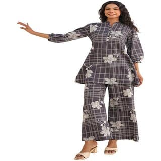 ELARA Women's Chic Co-ord Set - Floral Embroidered Top Wide-Legged Pants