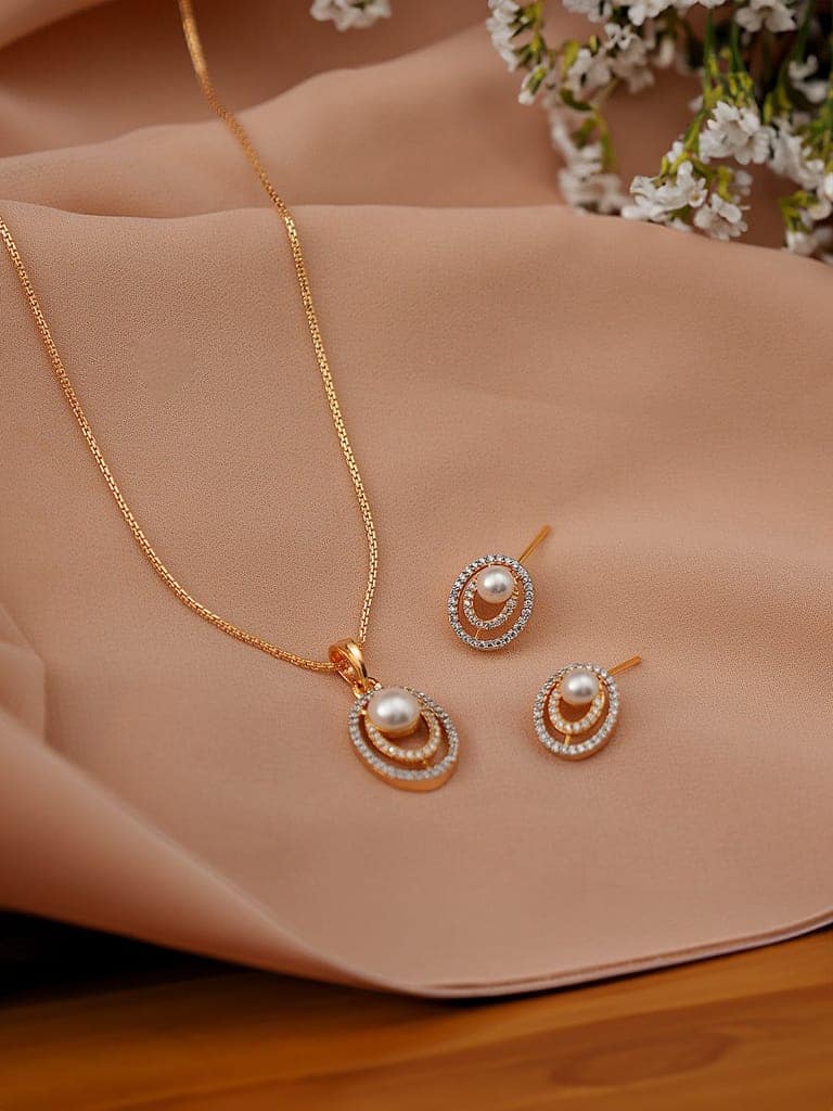 Gold Toned Pearl Beaded Designer Minimal Pendant Jewellery Set view 3