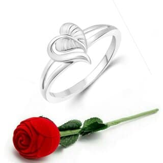 VFJ Cute Leafy Heart CZ Rhodium Plated Ring with Scented Velvet Rose Ring Box for women and girls and your Valentine.