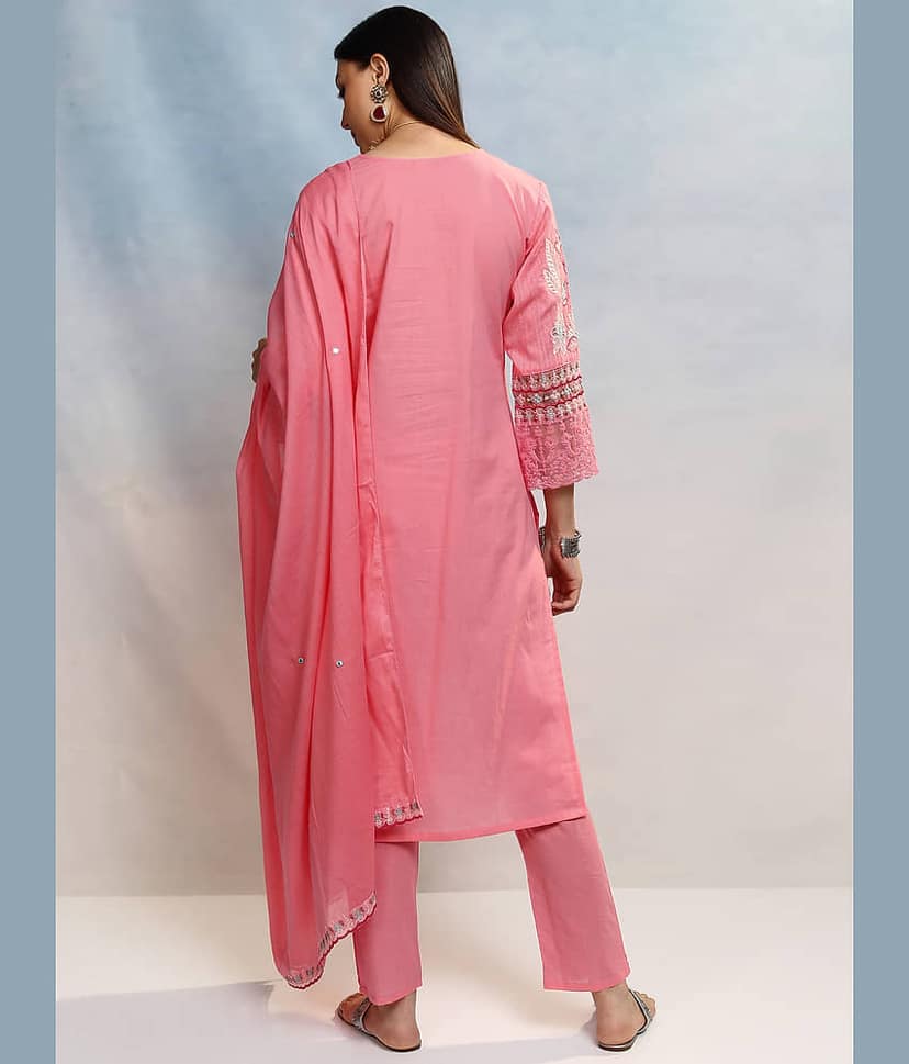 Vishudh Women Cotton Embroidered Straight Kurti With Pants ( Pink ) view 3