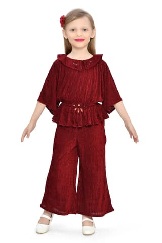 Be:Kids Burgundy Textured Ruffle Top and Wide-Leg Pants Set