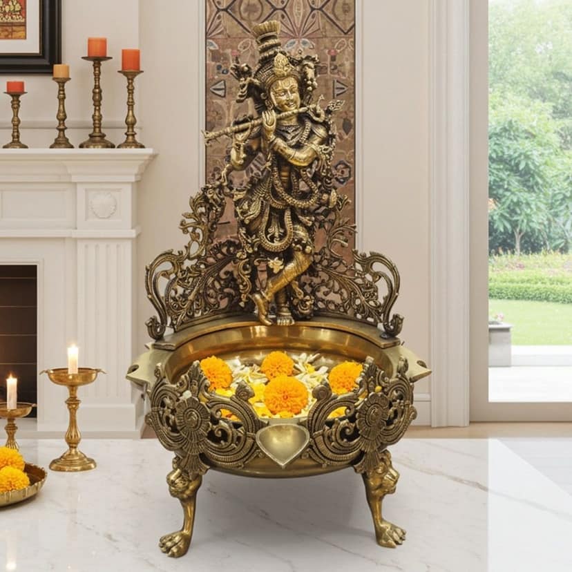 Brass Flower Urli with Krishna - Decorative Art Bowl, Diameter : 19 Inch (BSMAS1490 A) view 2