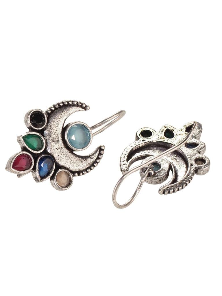 Siver Oxidised Multi stone studded Navratan Hook Earring view 3