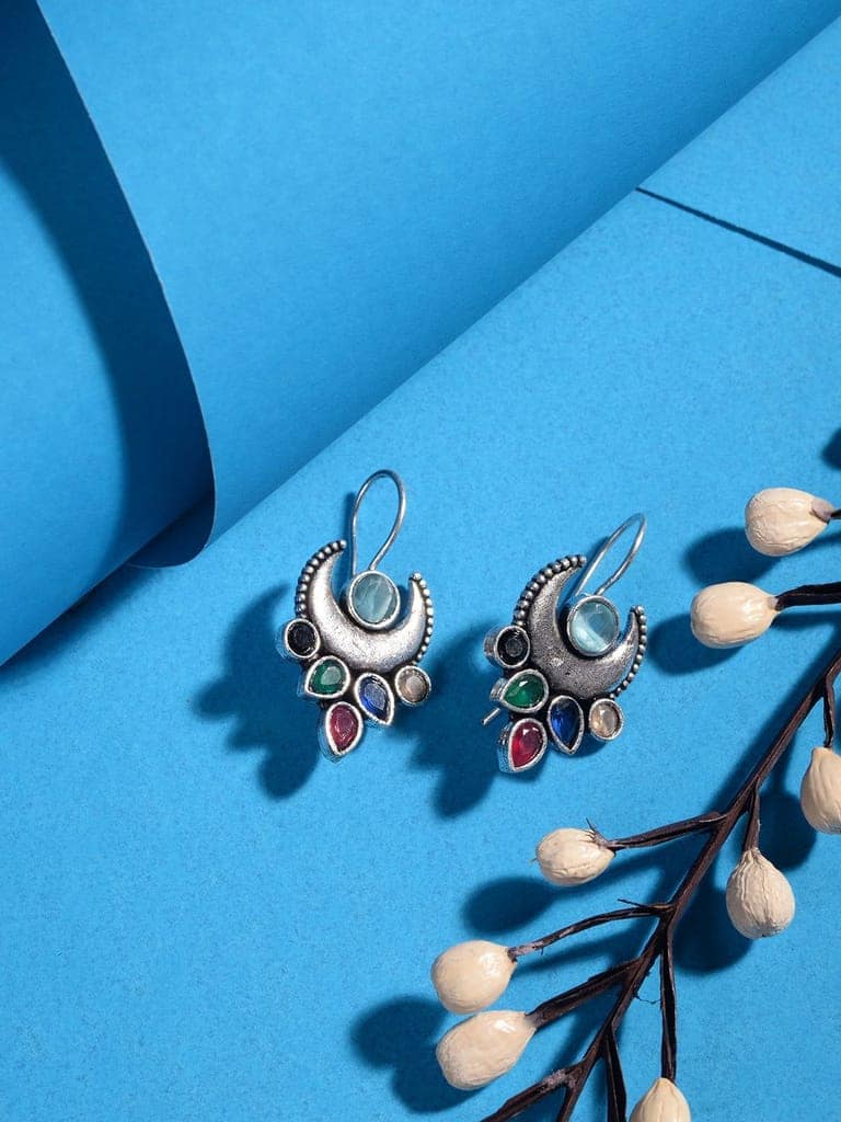 Siver Oxidised Multi stone studded Navratan Hook Earring view 5