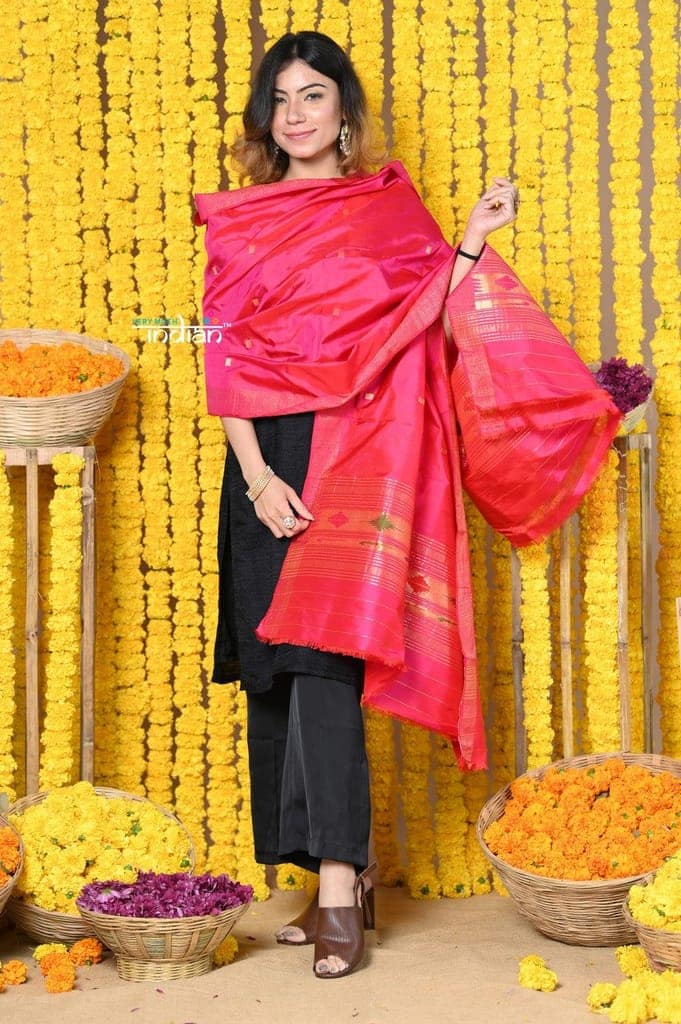 Rajsi~Handloom Pure Silk Paithani Dupatta With Beautiful Zari Work and Handwoven Buttis~ Pink view 3