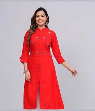 MAUKA Rayon Embroidered Front Slit Women's Kurti - Red ( Pack of 1 )