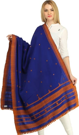 Mazarine-Bule Shawl from Kutch with Embroidered Flowers and Mirrors