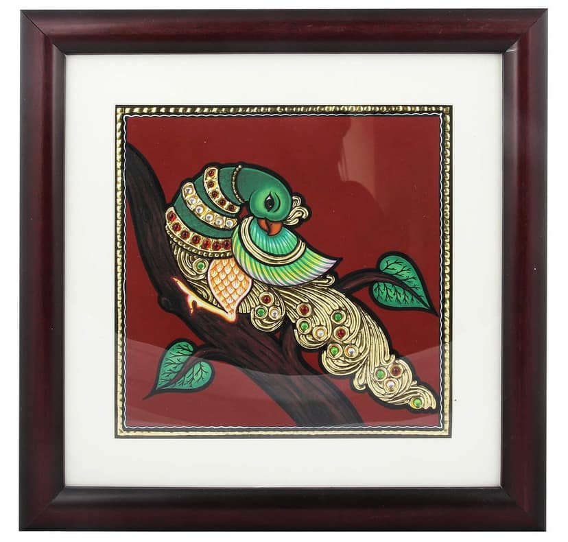 Poompuhar Single Parrot Tanjore Painting (Gold Foil Work, 10 inch x 0.5 inch x 10 inch THDC_097)