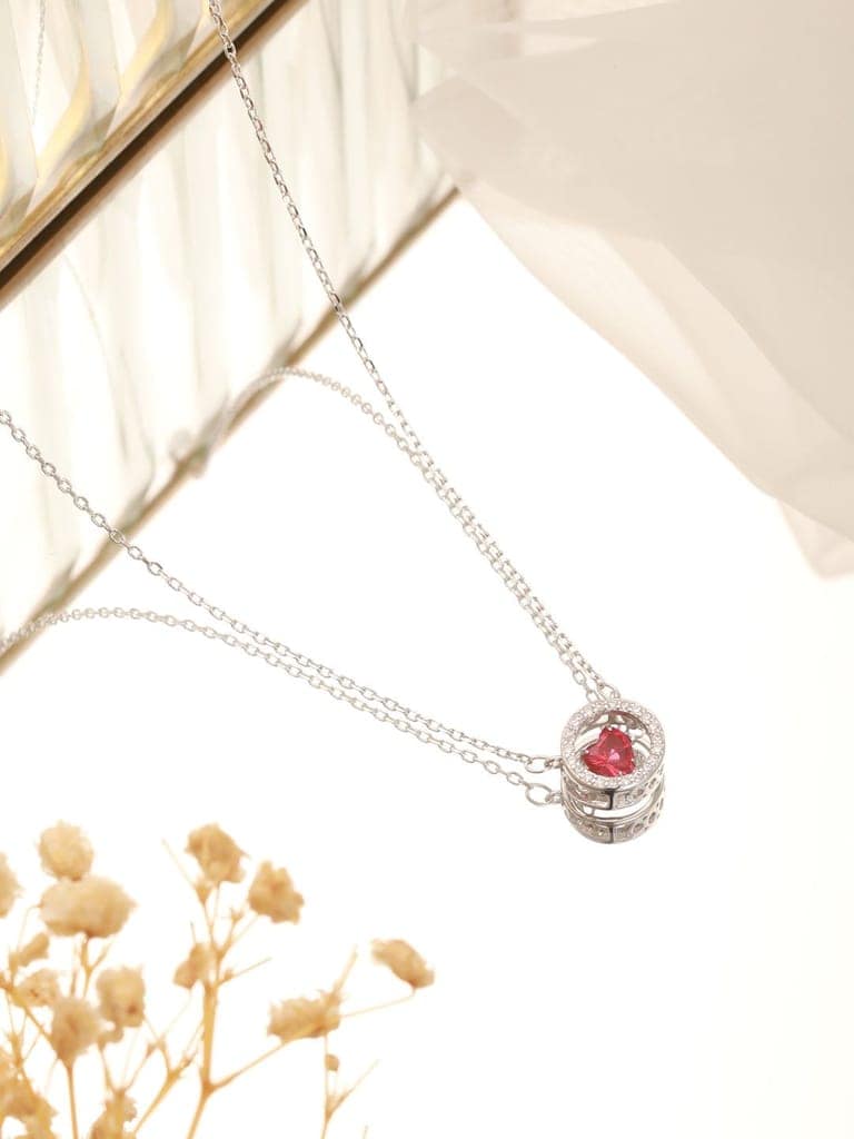 925 Sterling Silver Red Ruby Zircon Embedded Heart Pendant Necklace & Chain view 6