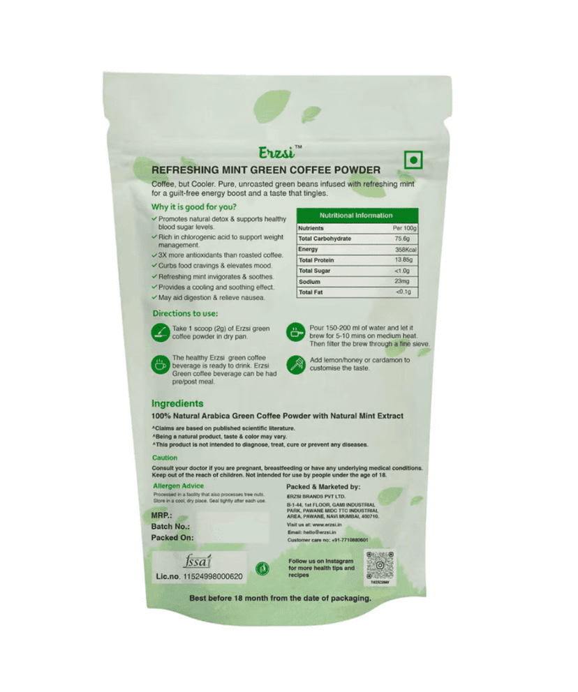ERZSI Green Coffee Powder Combo Pack - Natural, Tulsi & Mint | Pure Unroasted Arabica Beans for Weight Loss & Detox | High Chlorogenic Acid | Weight Loss Supplement | 200G Each view 2