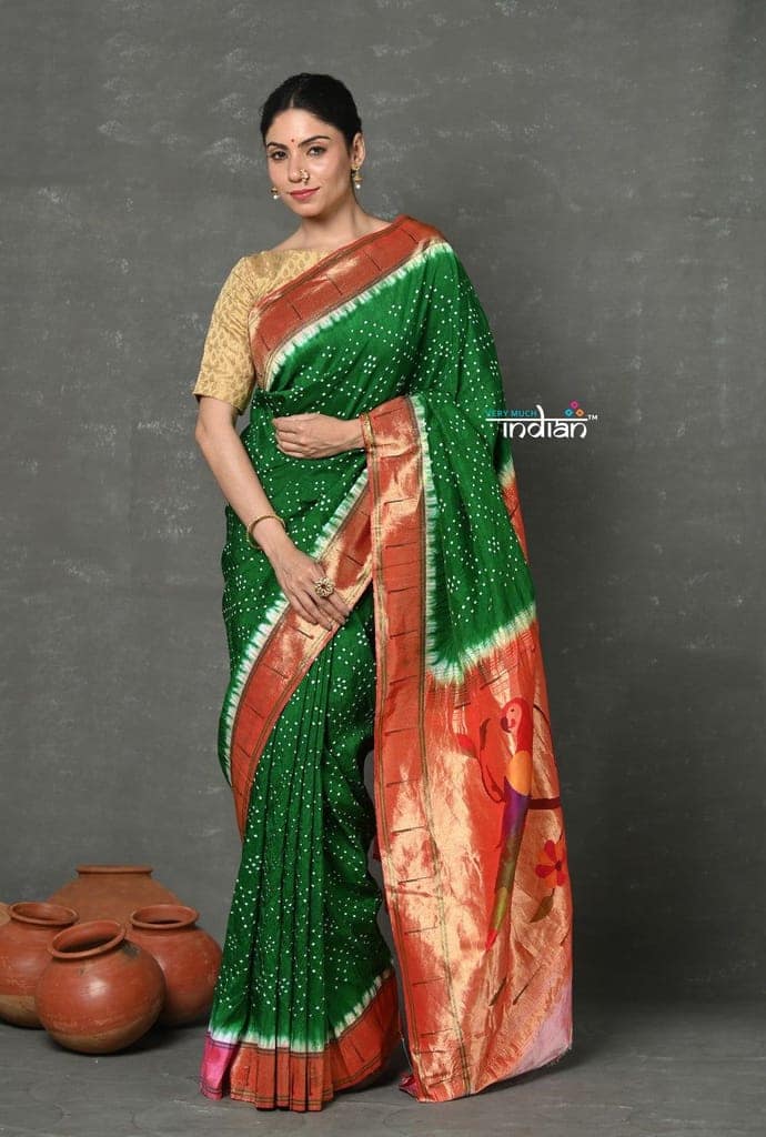Tyohaar ~ Signature Weave! Handloom Pure Silk Muniya Border Paithani Saree with Bandhani Work Handcrafted Pallu ~ Green (Available in Lotus Pallu) view 2