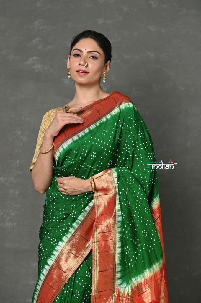 Tyohaar ~ Signature Weave! Handloom Pure Silk Muniya Border Paithani Saree with Bandhani Work Handcrafted Pallu ~ Green (Available in Lotus Pallu) view 5