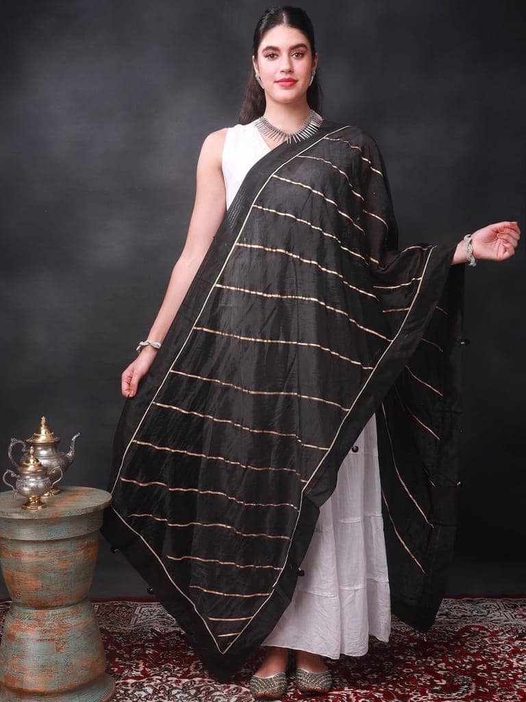 Caviar-Black Gota Dupatta from Amritsar with Patch Border and Pom-Poms