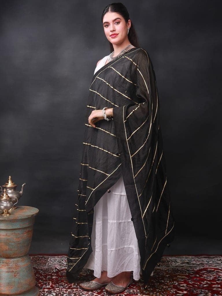 Caviar-Black Gota Dupatta from Amritsar with Patch Border and Pom-Poms view 3