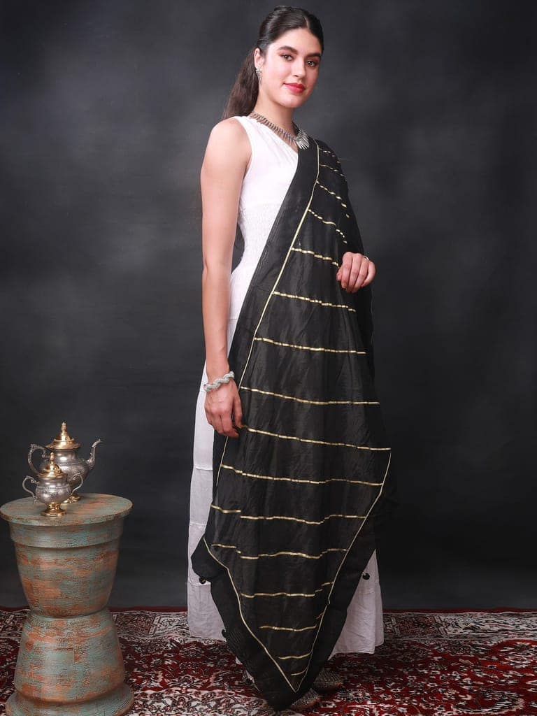 Caviar-Black Gota Dupatta from Amritsar with Patch Border and Pom-Poms view 4