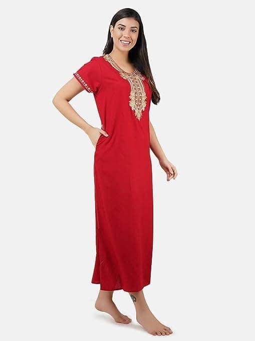 VALENCIA SLEEPWEAR Premium Women Embroidery Night Gown Lizzybizzy Cotton Nighty Maxi Rose red view 3