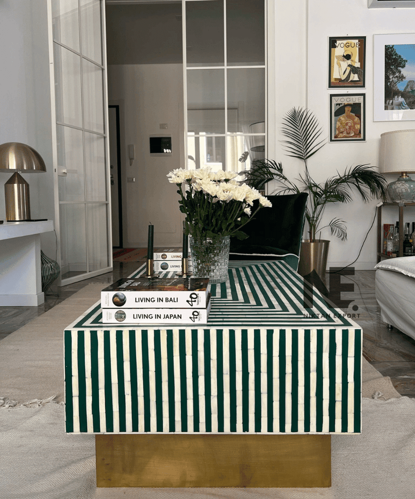 Handmade Green Bone Inlay Coffee Table – Striped Design with Brass Legs | Elegant Boho-Luxe Center Table view 2