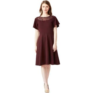 Miss Chase Women's Wine Red Round Neck Flared Short Sleeve Solid Skater Knee-Long Lace Dress