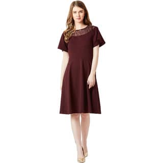 Miss Chase Women's Wine Red Round Neck Flared Short Sleeve Solid Skater Knee-Long Lace Dress view 2