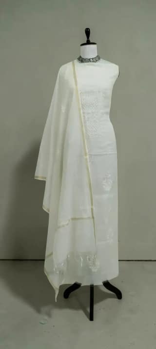 Hand Chikankari 2-Piece Dress Material in White and Ivory Mul Cotton