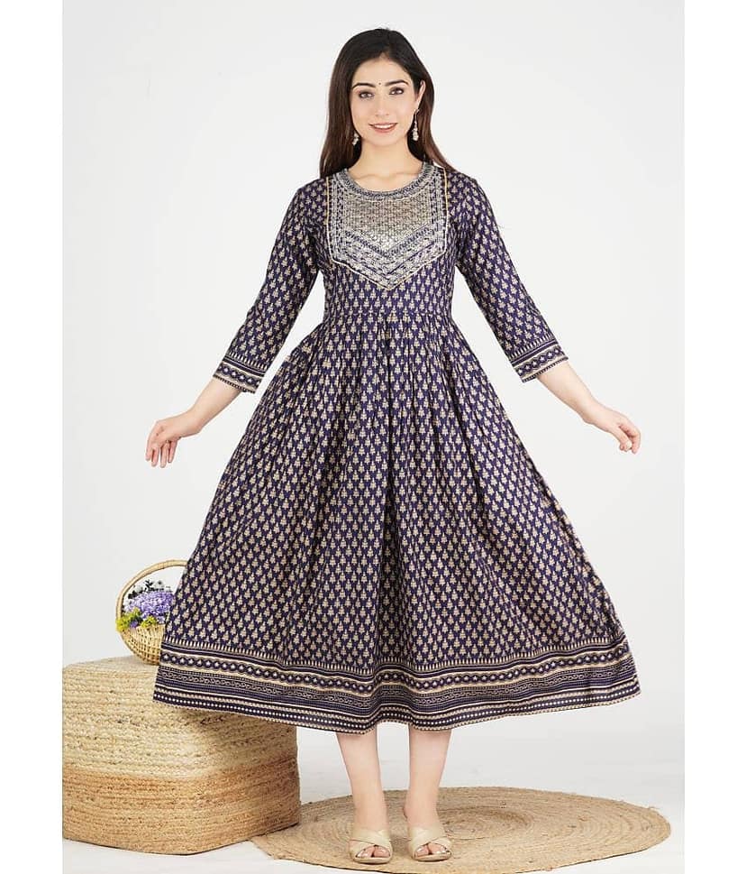 Jaipuri Collection - Blue Rayon Women's Flared Kurti ( Pack of 1 )