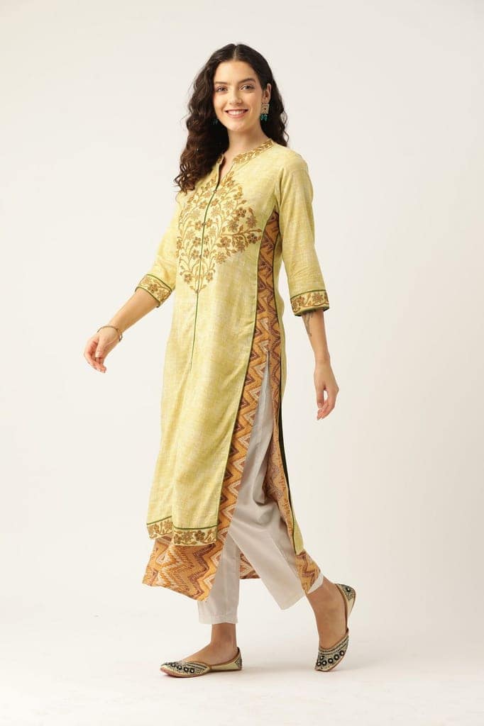Women Yellow Embroidered Double Layered A-Line Kurta view 4