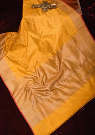 Authentic Banarasi Antique Zari Trellis Pattern Pure Dupion Silk Saree in Yellow | SILK MARK CERTIFIED