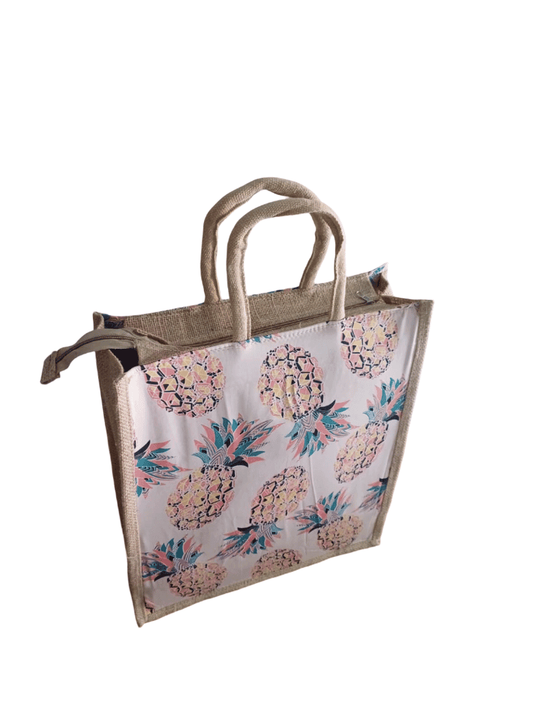 Chic Pineapple Print Jute Tote Bag with Zipper Closure view 3