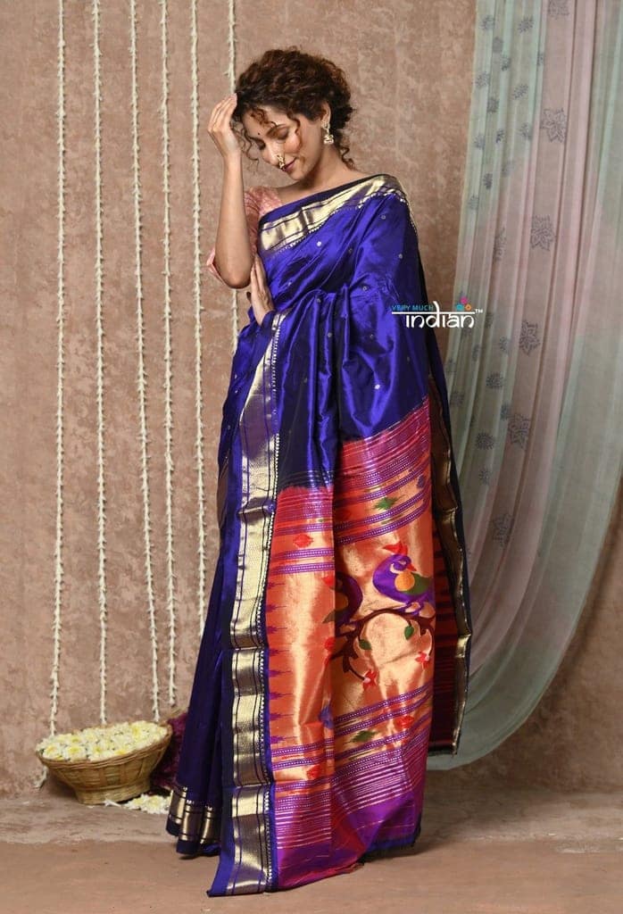 Tyohaar ~ Handloom Pure Silk Paithani Saree with Handcrafted Peacock Pallu ~ Royal Blue (By Government Certified Weavers) view 3