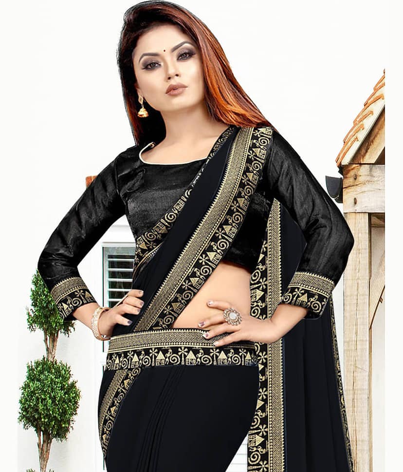 WXW Fashion Lycra Solid Regular Saree With Unstitched Blouse Piece ( Black )
