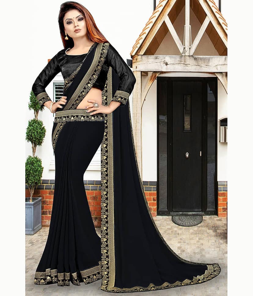 WXW Fashion Lycra Solid Regular Saree With Unstitched Blouse Piece ( Black ) view 2