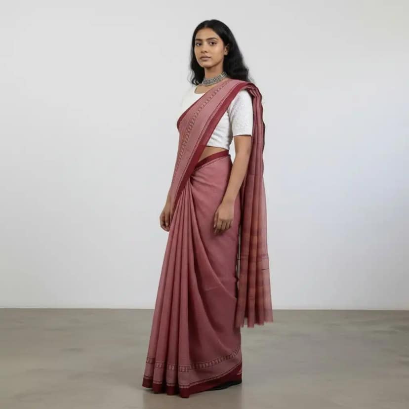 Narayanpet Handloom Cotton Saree in Dusty Rose, Chikki Paras Border view 2