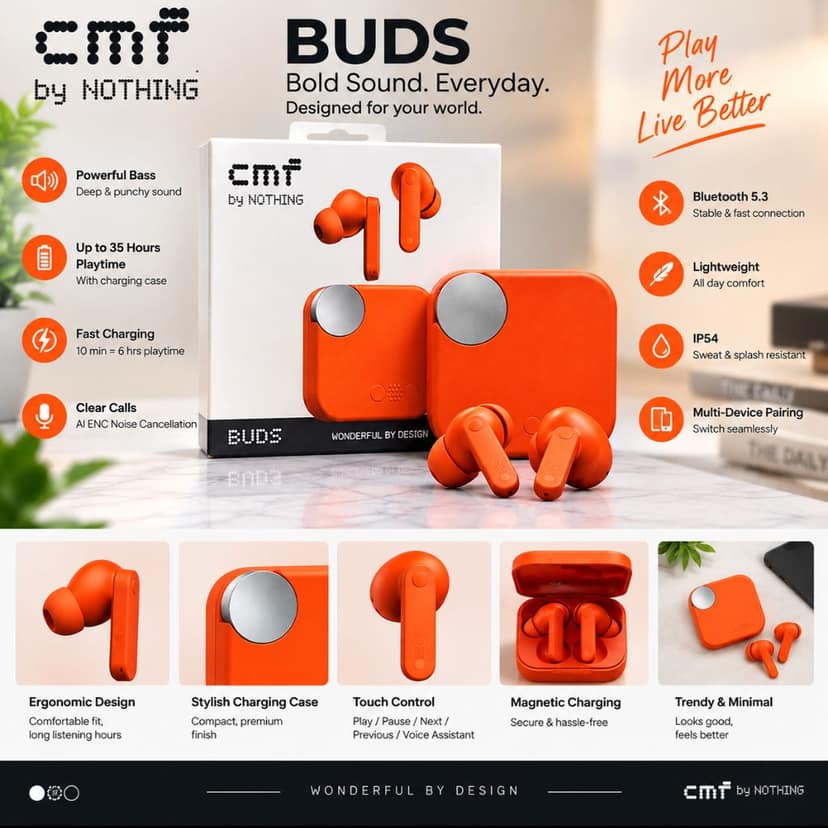 Buds unique disine spinning disine ear buds Bluetooth connect orange view 3