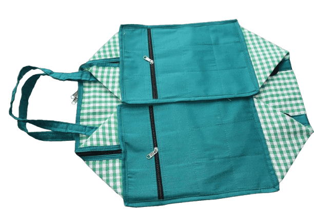 Premium Multipurpose Cloth Shopping Bag with Multiple Zipper Pockets – Green & Checkered Design view 2